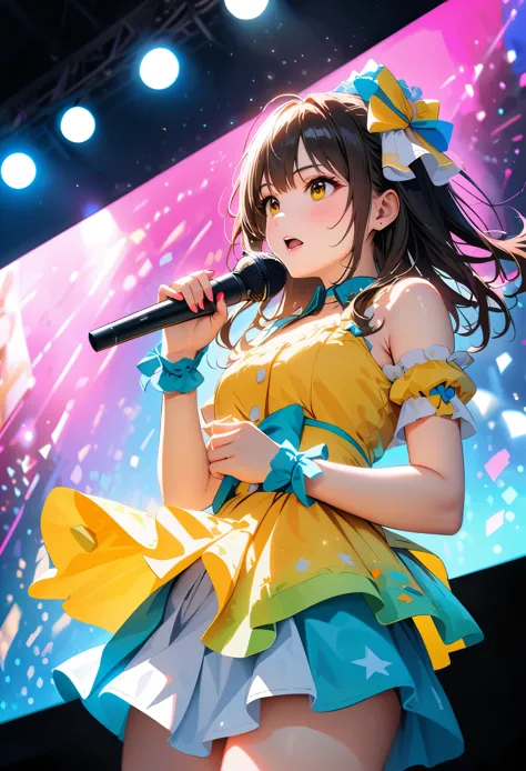 NMB48 idol,dramatic angle,stage,idolmaster cinderella girls starlight stage,stage lights,singing,holding microphone,HDR,UHD,stud...