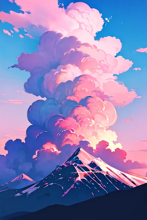 beautiful sky, has pink clouds, has blue sky, and has a mountain