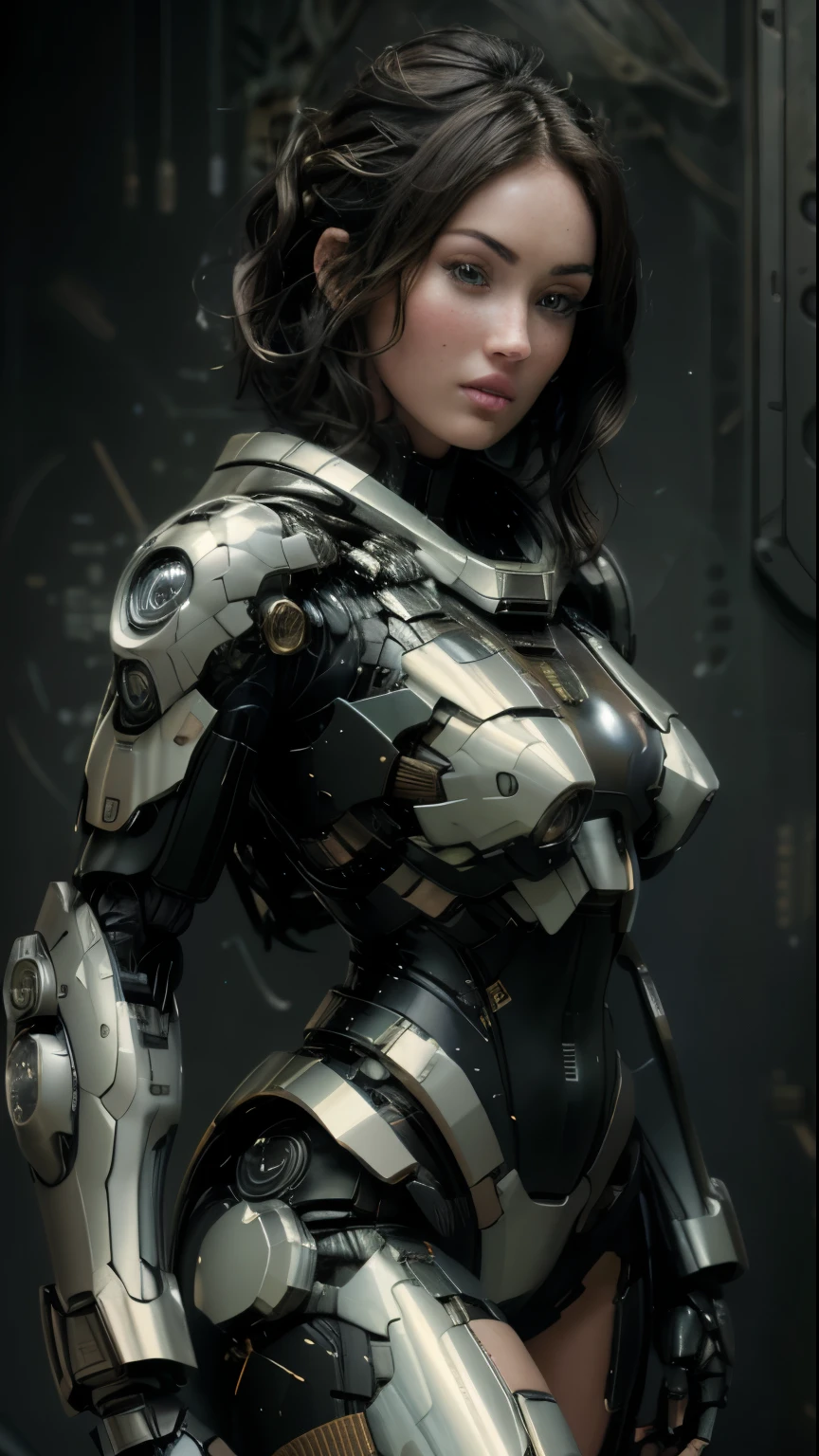 (best quality, 8k, masterpiece: 1.2), ultra detailed, (ultra realistic, photorealistic: 1.37), ultra detailed, 1 girls megan fox, short hair, mecha-style robotic armor, beautiful detailed eyes, beautiful detailed nose, full body, breasts huge, bewitching thighs erotic, woman, white hair ((battlefield Alien battlefield))