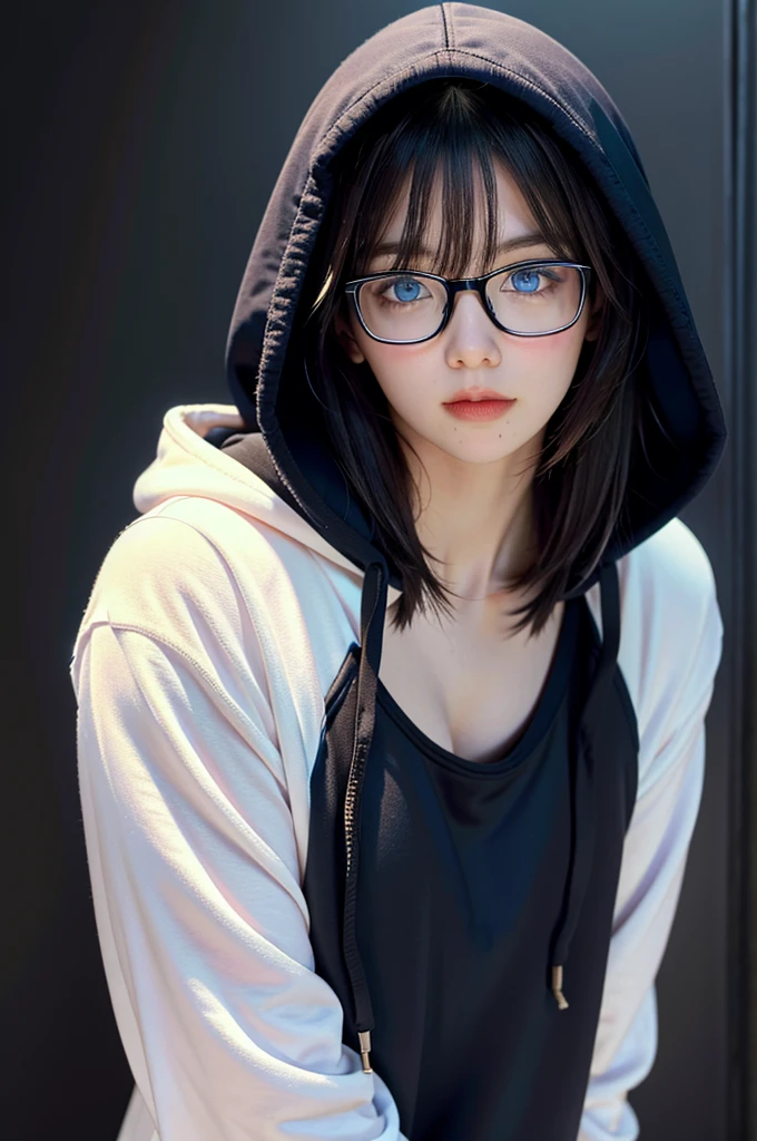 1girl with glasses, Blue eyes, portrait of man, upper body, front, chest, looking_at viewer, black_hoodie, hood, simple_background, dark_background,
  