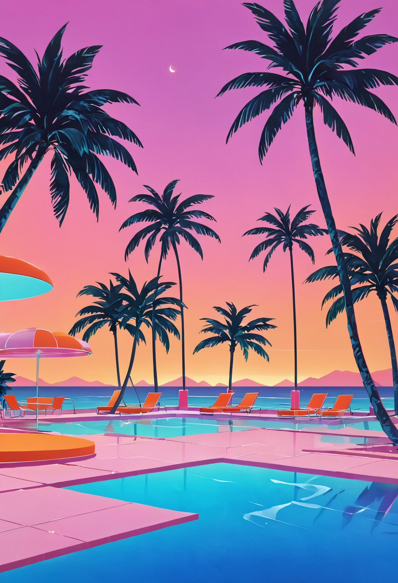 Envision an artwork deeply immersed in the vaporwave aesthetic of the 80s, inspired by Yoko Honda’s vibrant style. Picture a retro-futuristic pool and beach scene at sunset, where the sky blazes with the warm hues of an 80s summer sunset—intense oranges, pinks, and reds reflecting off the tranquil sea and pool waters. Around the pool, neon-lit palm trees and coconut trees sway gently, enhancing the tropical and surreal atmosphere. Neon lights in geometric patterns illuminate the scene, casting a dreamlike glow over everything. The background features a chic beachside bar with interiors visible through large glass windows, showcasing a room with pastel-colored walls and floors covered in luxurious terrazzo and marble textures. The overall ambiance combines nostalgic luxury with vibrant, warm color palettes, creating a scene that is both timeless and distinctly evocative of the 80s.