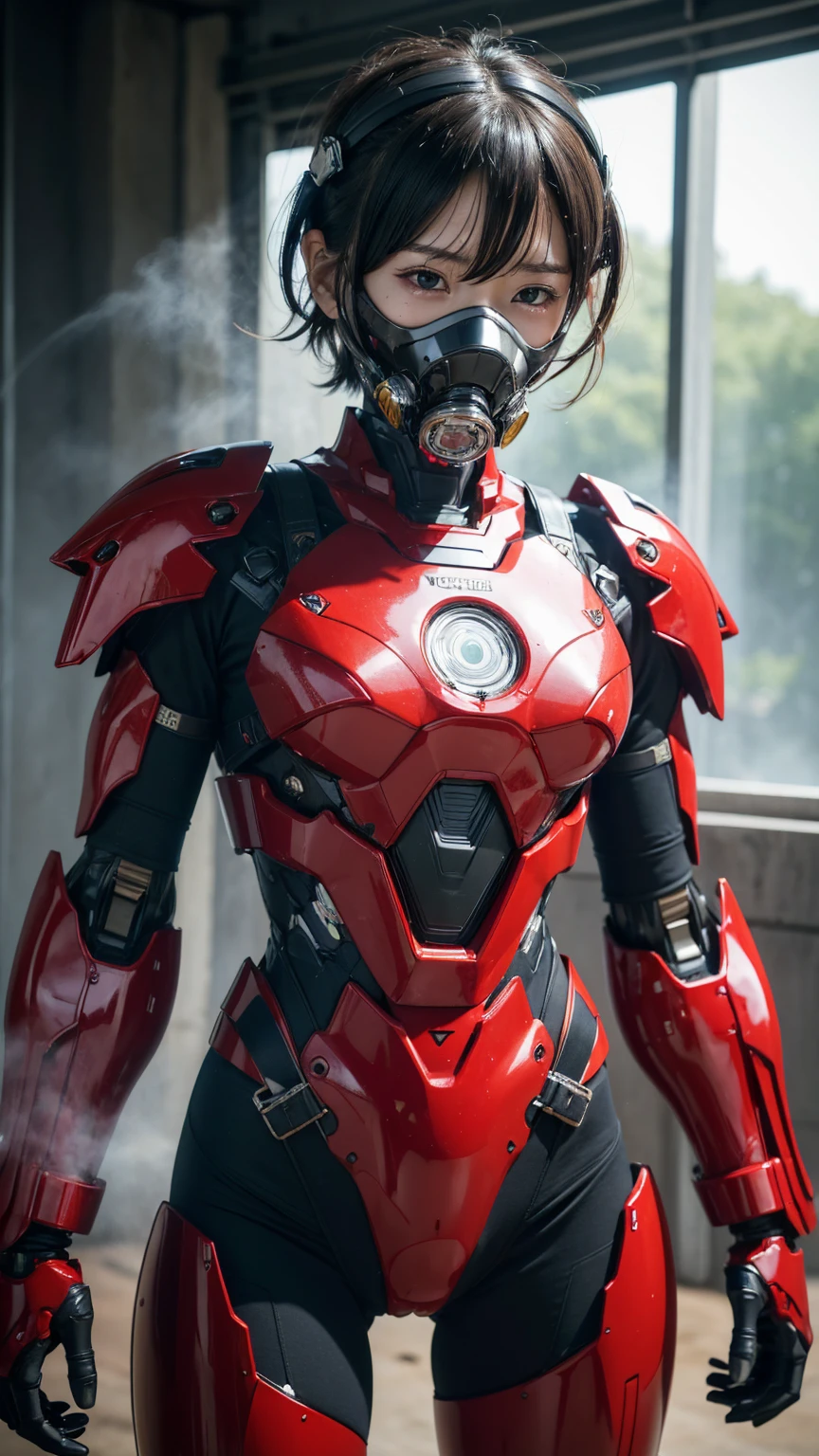 最high quality非常に詳細, Advanced Details, high quality, 最high quality, High resolution, 1080p, hard disk, beautiful,(War Machine),(headgear),See the big picture,beautifulサイボーグ女性,Shining Red Mecha Cyborg Girl,Battle Mode,Mecha Body Girl　8k bright red body armor　Elementary school girl　Sweaty face　Cute girl　short hair　Gas mask with extension nozzle　Very short boyish hair　Steam coming from the head　My hair is wet with sweat　Black Hair, Steam coming out of the mouth　Drooling from the mouth