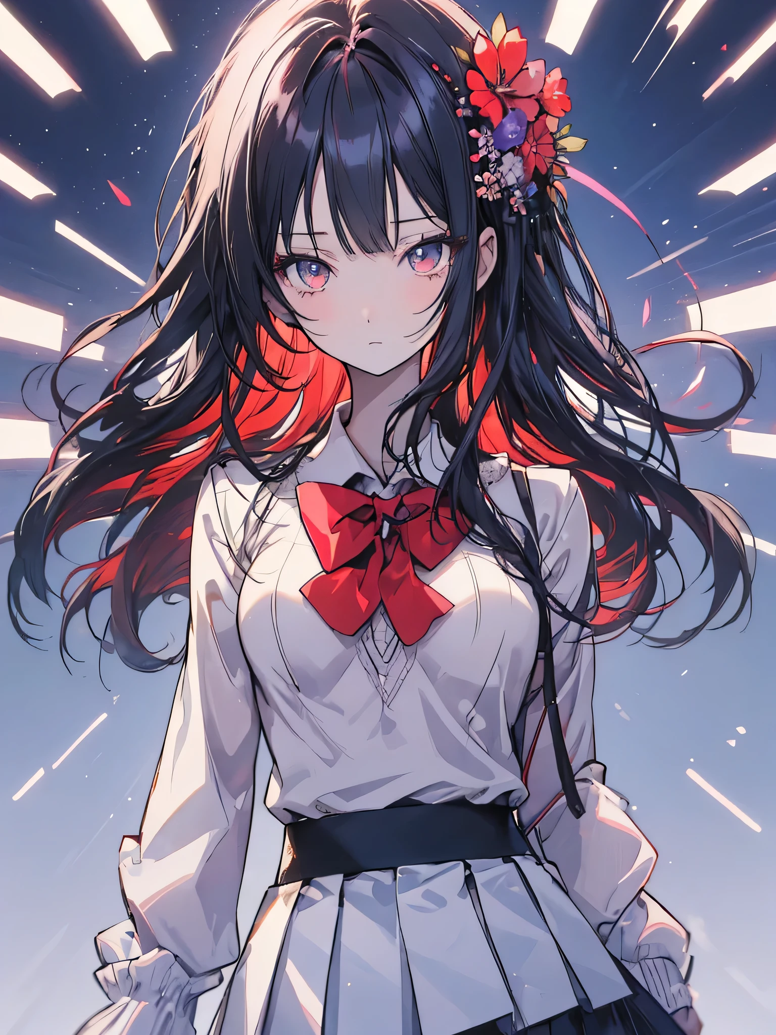 (((White color background))),
School_uniform,Red bow tie,White shirt,Blue Sweater Vest,Pleats_skirt,
flower hair clip, hair flower, hair ornament, 
Red eye,Front hair, black_hair, length_hair,
1 girl, 20 years,young woman,beautiful Finger,beautiful length legs,beautiful body,
beautiful Nose,beautiful character design, perfect eye, perfect face,expressive eye,Perfect balance,
View your viewers,(Focus on her face),Mouth closed, (Innocent_big_eye:1.0),(Light_笑face:0.3),
Official Art,Very detailed CG Unity 8k wallpaper, Perfect lighting,colorful, bright_front_face_Lighting,White skin,
(masterpiece:1.0),(Highest_quality:1.0), 超High resolution,4K,Very detailed,
photograph, 8k, High resolution, High resolution, Absurd:1.2, Kodak Portrait 400, Film Grain, Blurred Background, Bokeh:1.2, Lens flare, (Vibrant_color:1.2),Professional Photograph,
(beautiful,big_chest:1.4), (beautiful_face:1.5),(narrow_Waist),