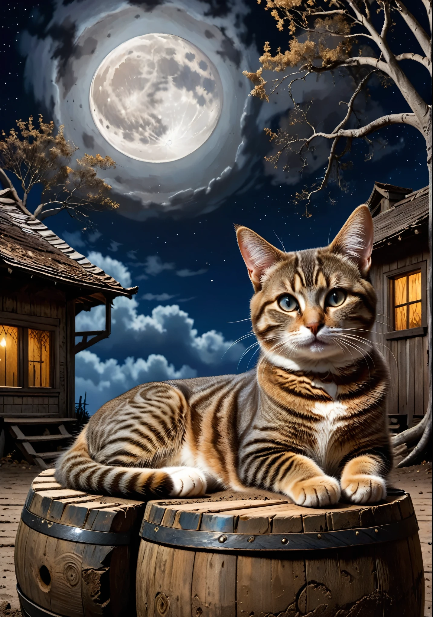 Un chat couché sur un grand tonneau en bois devant une vieille maison aux murs en terre、Tabby brun avec huit motifs séparés、Sous un arbre mort、nuit au clair de lune、La lune est à moitié cachée par les nuages、Haute reproductibilité des couleurs、Attention au détail