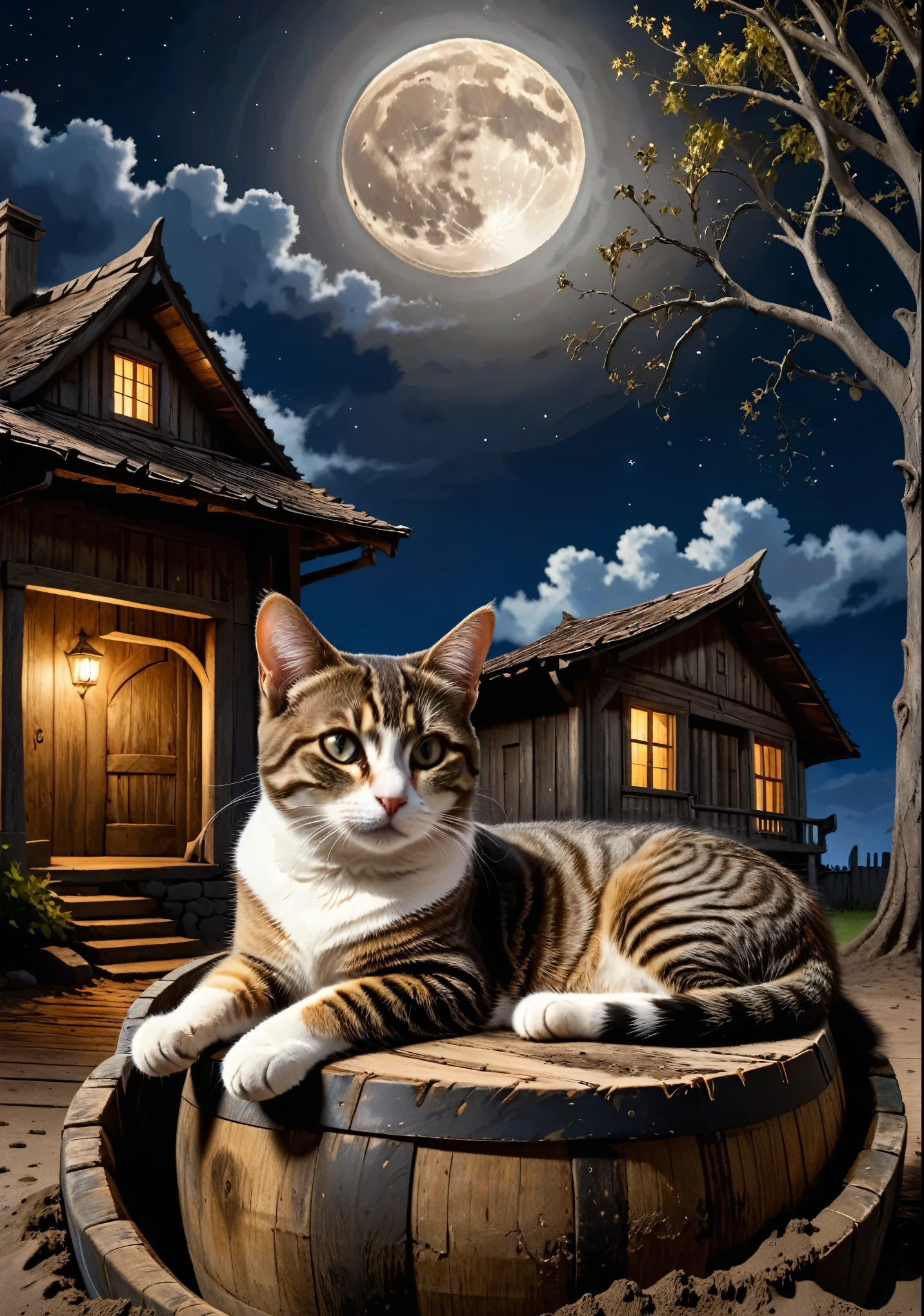 Un chat couché sur un grand tonneau en bois devant une vieille maison aux murs en terre、Tabby brun avec huit motifs séparés、Sous un arbre mort、nuit au clair de lune、La lune est à moitié cachée par les nuages、Haute reproductibilité des couleurs、Attention au détail