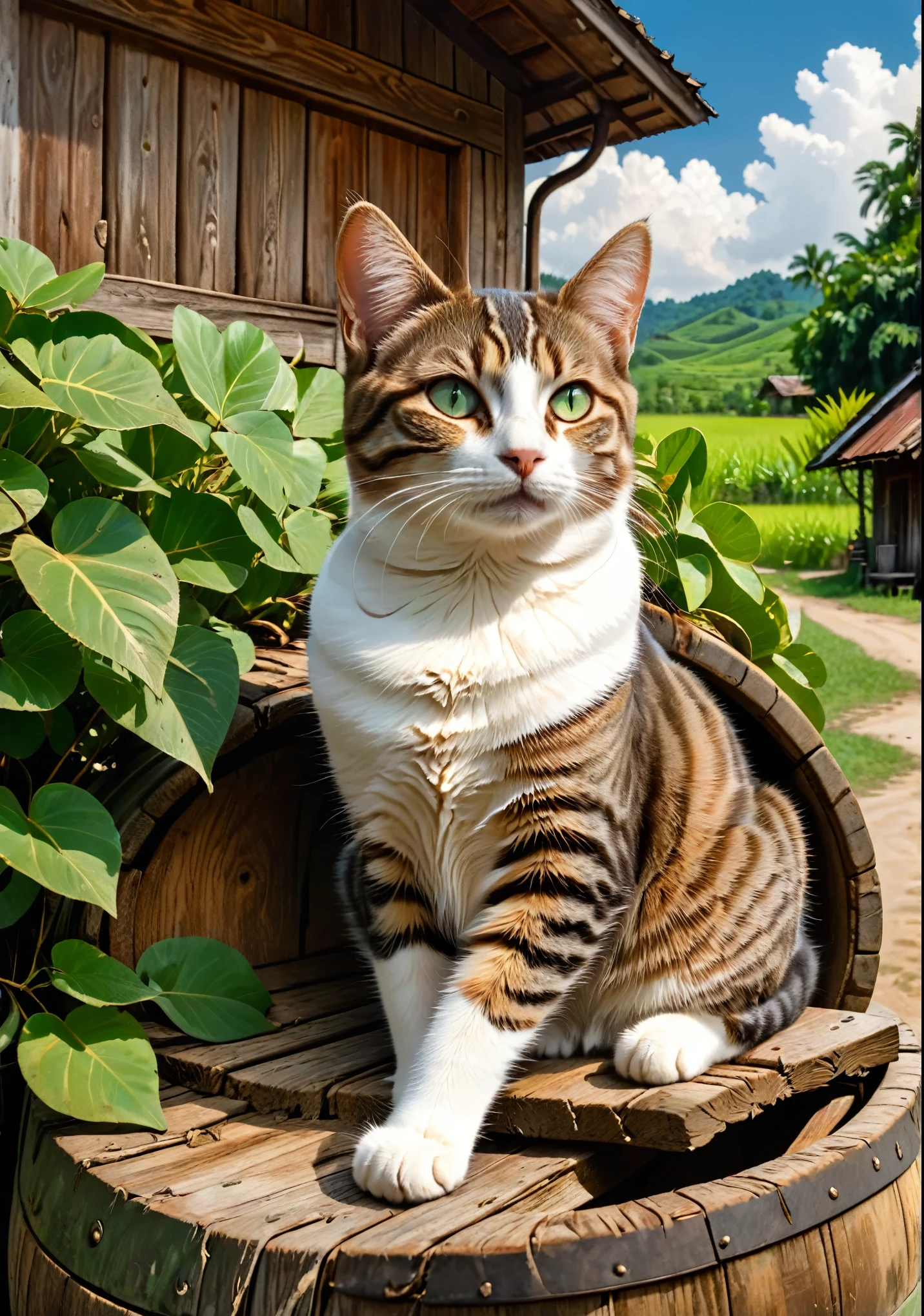 Un chat couché sur un grand tonneau en bois devant une vieille maison aux murs en terre、Le chat te regarde、Tabby brun avec huit motifs séparés、Sous les feuilles vertes、Nuages blancs sur un ciel clair、Haute reproductibilité des couleurs、Attention au détail