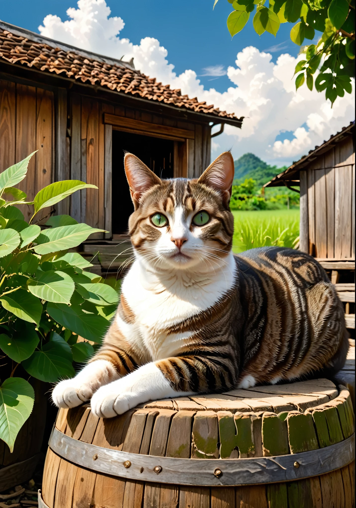 Un gato acostado sobre un gran barril de madera frente a una vieja casa de paredes de barro、Gato mirándote、Tabby marrón con ocho patrones divididos、Bajo las hojas verdes、Nubes blancas en un cielo despejado、Alta reproducibilidad del color、Atención al detalle