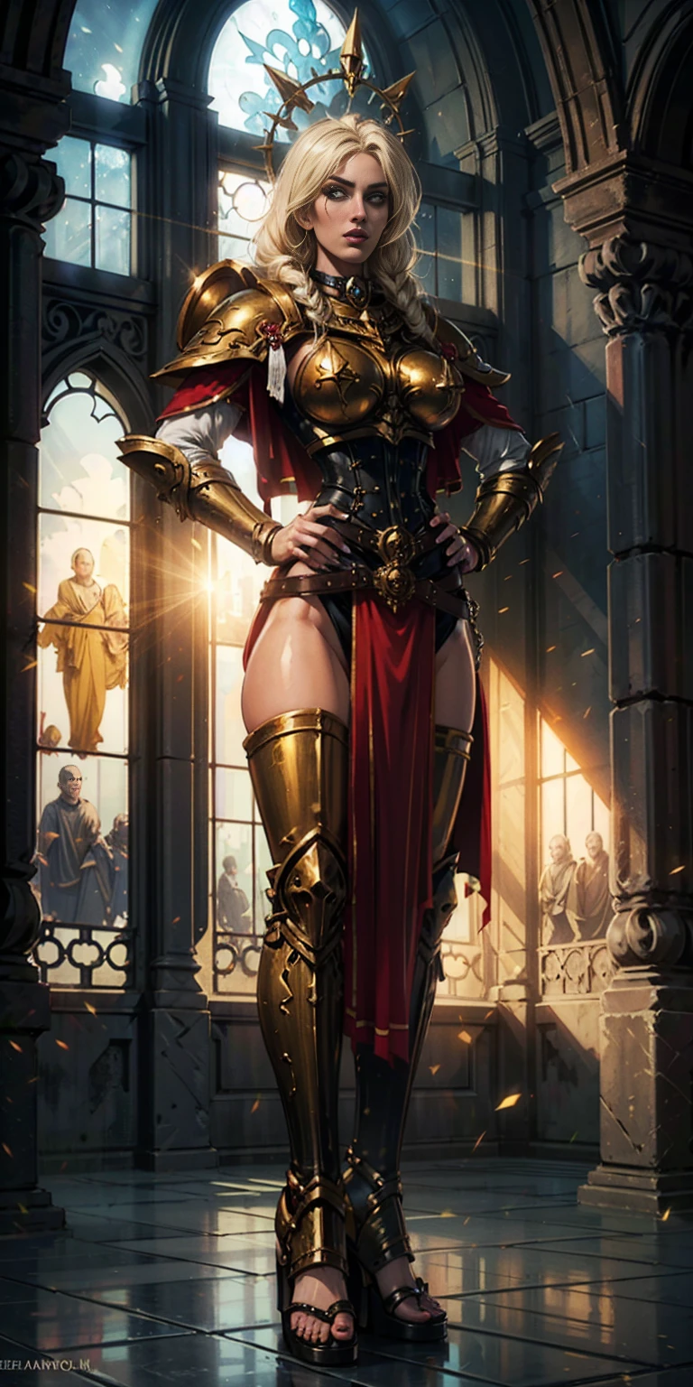 paladin lady in ornate golden armor, black collar, pauldrons, breastplate, corset, glowing halo, single braid, blonde, yellow glowing eyes, bright pupils, eye focus, red cape, temple indoors, stained glass windows, night, moonlight, particles, light beam, chromatic aberration, (full body, whole body. 1solo (girl). slave fighter, loincloth standing, hands on hips full body, whole body. 1solo (girl). slave fighter, loincloth standing, hands on hips, metal sandals, backpack, choker, big belt, view from below, feet together, bracers, tiara)