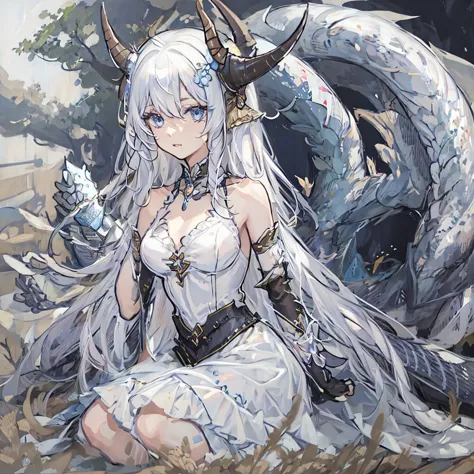 ((masterpiece)), ((bestquality)), (ultra-detailed), 1 girl, white hair, blue eyes, sitting, detailed face, dragonian_head, drago...