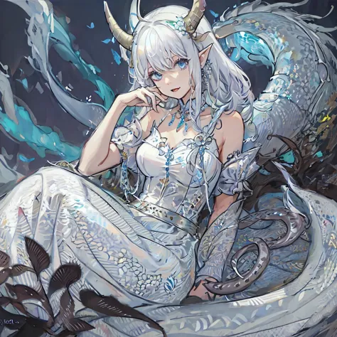 ((masterpiece)), ((bestquality)), (ultra-detailed), 1 girl, white hair, blue eyes, sitting, detailed face, dragonian_head, drago...