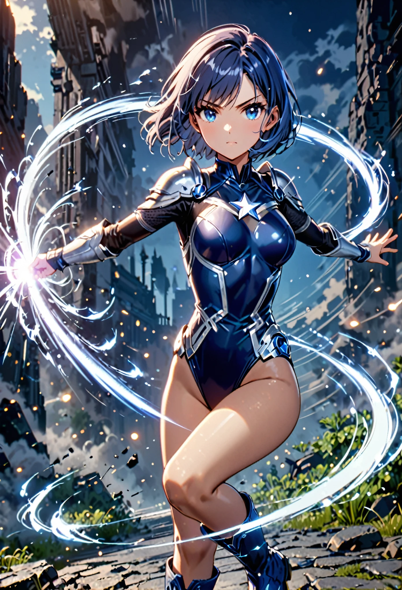 masterpiece, best quality, 1girl, superhero, ((leotard, dark blue leotard)), long sleeves, bare legs, boots, dark blue boots, matching boots, medium breasts, diffraction spikes, light particles, standing, standing straight, dark blue hair, ((short hair, bob hair)), blue eyes, beautiful detailed eyes, beautiful detailed face, cute face, (perfect hands, complete fingers, perfect anatomy, perfect proportions), heroic, ((star symbol on the chest)), serious, full body with costume, full body, cowboy shot, ((raised arms, spins fast in place like a tornado, she spins at an incredible speed, creating a whirlwind of air around her, cyclone spinning)), ((spiral lines, spinning energy pulse around her)). Curved Sword Slash.