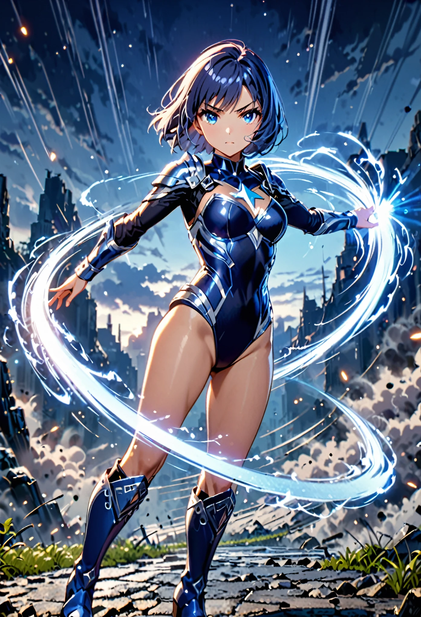 masterpiece, best quality, 1girl, superhero, ((leotard, dark blue leotard)), long sleeves, bare legs, boots, dark blue boots, matching boots, medium breasts, diffraction spikes, light particles, standing, standing straight, dark blue hair, ((short hair, bob hair)), blue eyes, beautiful detailed eyes, beautiful detailed face, cute face, (perfect hands, complete fingers, perfect anatomy, perfect proportions), heroic, ((star symbol on the chest)), serious, full body with costume, full body, cowboy shot, ((raised arms, spins fast in place like a tornado, she spins at an incredible speed, creating a whirlwind of air around her, cyclone spinning)), ((spiral lines, spinning energy pulse around her)). Curved Sword Slash.