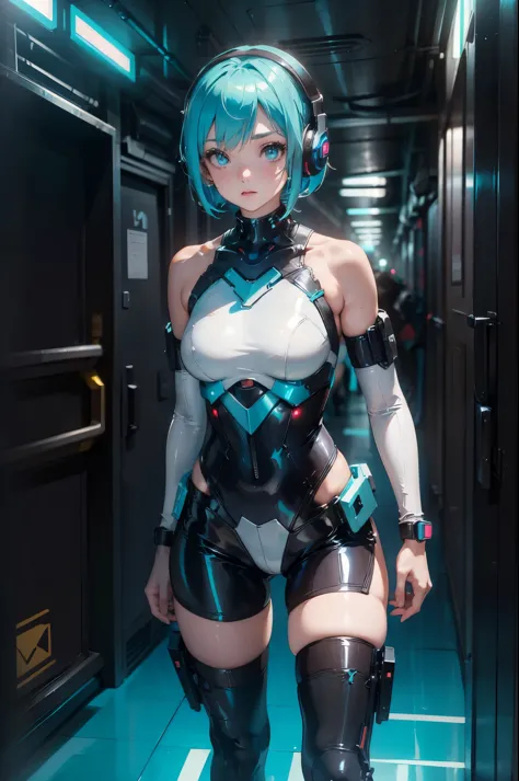 1 girl, android, cyberpunk, cyan hair, cyan eyes, short hair, white breastplate, black headphones, mechanical white tights, bare...