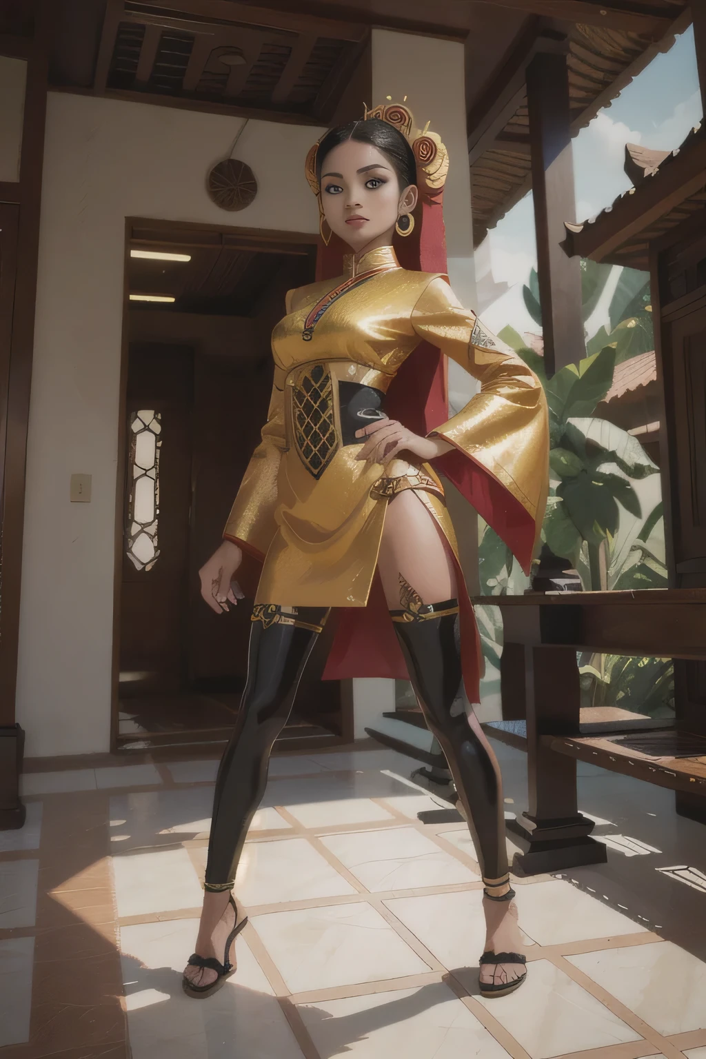 A girl wearing an Indonesian-style futuristic outfit，It embodies cultural integration and modern fashion. The suit is decorated with intricate patterns and bright colors, Showcasing Indonesia’s rich cultural heritage. The girl stood confidently，Strike a dynamic pose, Her meticulous eyes reflect determination and curiosity. The material of this suit is a combination of traditional textiles and future synthetic fibers, Giving it a unique and edgy look. Overall image quality reaches the highest standards, Sharp focus，Detail rendering. This artwork uses physically based rendering techniques, Produces realistic lighting and shadows. Bright colors, Capturing the essence of Indonesian cultural aesthetics. The background combines modern architecture and traditional elements, Creating a fusion of the past and the future. The theme explores the intersection of Indonesian culture, Futuristic design, And the artistic image of a confident girl.