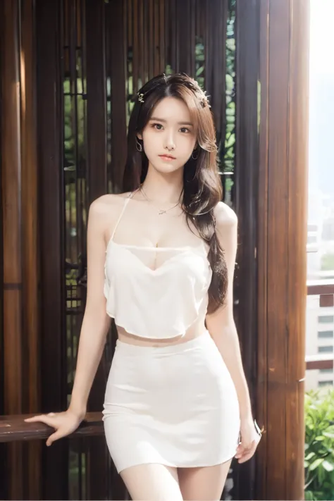 Beautiful woman with perfect body：1.4，Layered Hairstyle，Prominent cleavage，Highly detailed face and skin textures，Double eyelids，Skin Whitening，Long hair，Whitened long legs，粉红色Long hair，（Bellyband，miniskirt）Stand on the balcony