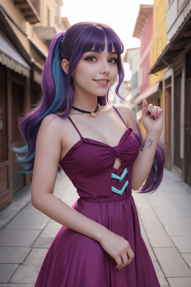 (masterpiece, The best quality:1.2), only, 1 girl , beautiful teenage girl , teenage model , Caucasian , mlp Sonata Dusk , big breasts ,smug smile , make-up , Red lips  , purple rocker style purple dress , pink skirt , 19 years , beautiful teenage girl , Teenage model , purple eyes , store , outside is night , turquoise hair with purple highlights , turquoise hair  , Full body photo , Sonata Dusk , mlp , turquoise blue hair , happiness
