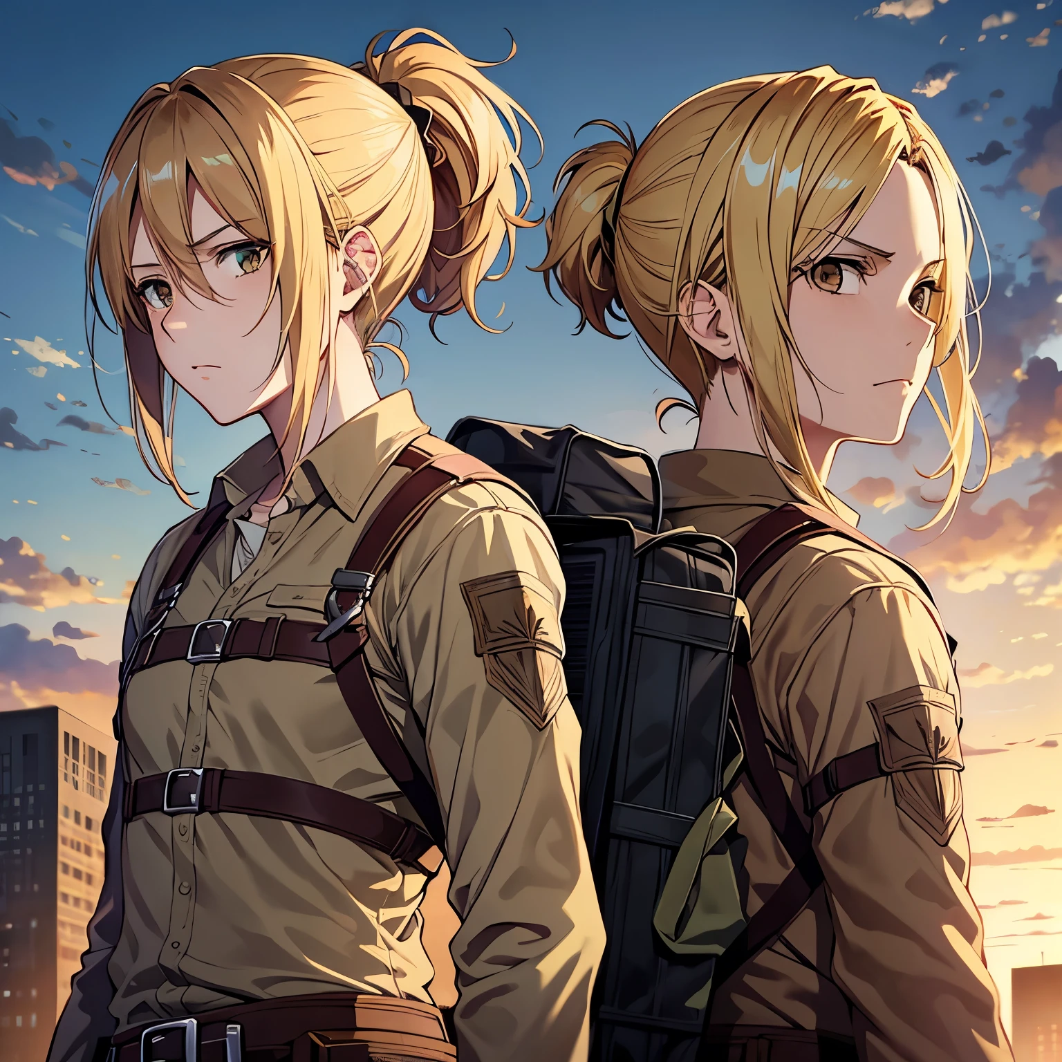 Two anime girls with backpacks standing in front of a city - SeaArt AI