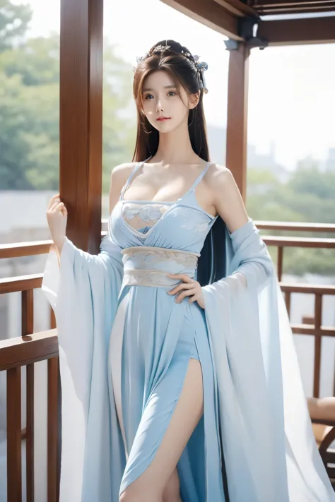 Beautiful woman with perfect body：1.4，Layered Hairstyle，Prominent cleavage，Highly detailed face and skin textures，Double eyelids，Skin Whitening，Long hair，Whitened long legs，（Sky blue low-cut Hanfu）Stand on the balcony