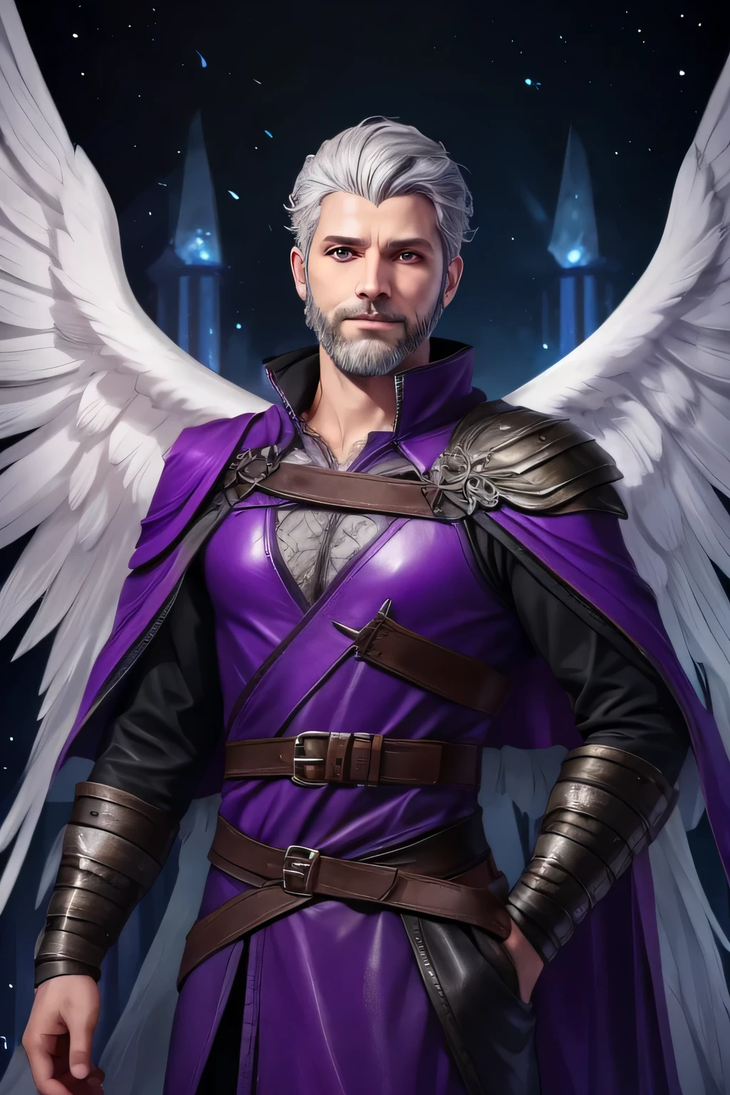 un aasimar con ojos grises y cabello gris, Él también es un mago, lleva cuero morado con correas de adamantio, Él tiene unos 30 años., barba pequeña, alas blancas