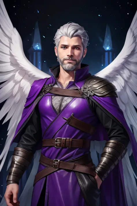 an aasimar with gray eyes and gray hair, he is also a wizard, he is wearing purple leather with adamantine straps, he is in his ...