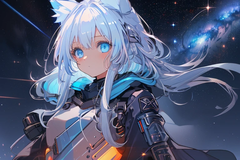 night,Sky Blue Eyes,Combat Uniform,front,Upper Body,Big Eyes,milky way,Long Hair,Gradient Color,Town,neon,milky way,Brilliance(masterpiece, highest quality, figure, Very high quality, high resolution, extremely delicate writing), (Platinum Blonde Hair:1), woman,Cat ear