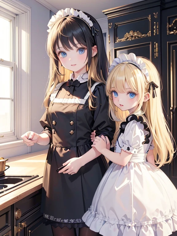 (8k, highest quality, Tabletop:1.2)、(2 women, (8-year-old girl, Detailed face, blue eyes, Blonde, Black maid outfit), (12-year-old girl, Detailed face, black eye, Black Hair, Black maid outfit)), Classical Western-style building, kitchen, Cooking