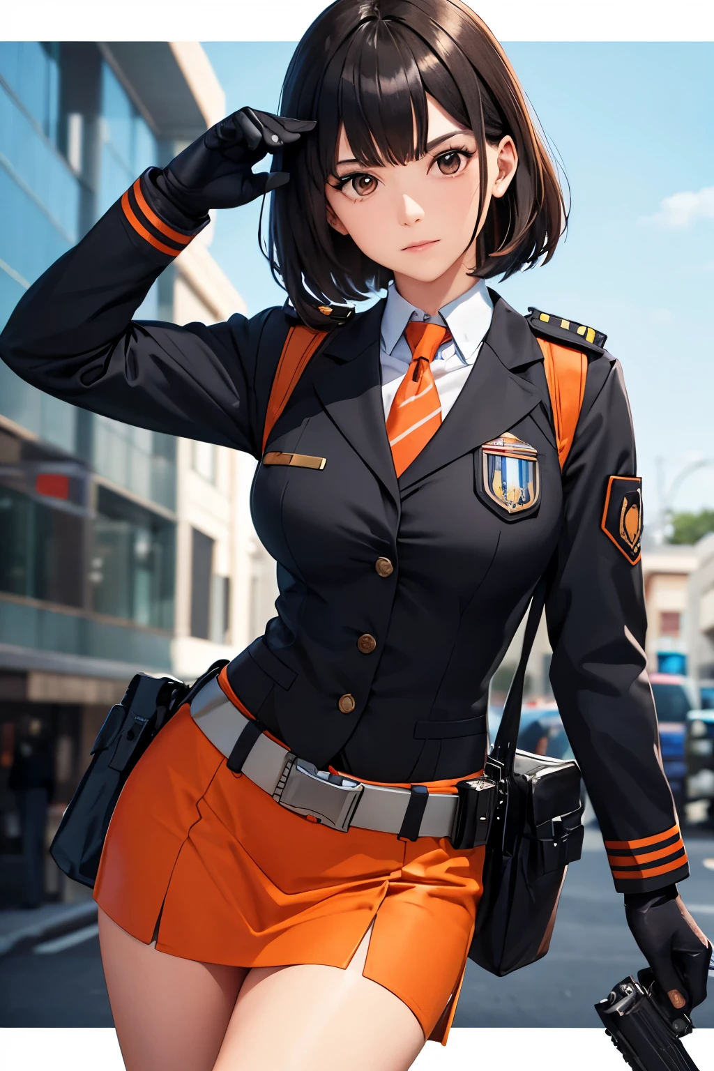 Ein weibliches Mitglied des Scientific Special Investigation Teams, das in Ultraman auftritt, trägt die Uniform des Special Scientific Investigation Teams, ist Mitglied des Special Scientific Investigation Team, Ihre Uniform ist orange mit einer roten Krawatte, Das meteorförmige Emblem an ihrem Kragen ist ein Kommunikationsgerät, ein Helm, Weibliches Mitglied der Spezialkräfte, schwarze Handschuhe, orangefarbener Rock, schwarzes Pistolenholster an der Taille, dynamische pose, draußen, Bebaute Fläche, Hintergrund unscharf