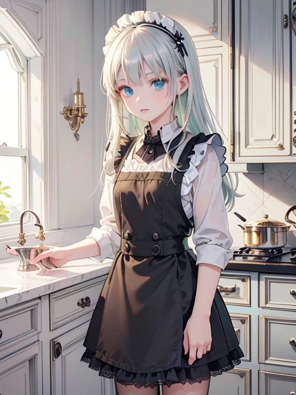 (8k, highest quality, Tabletop:1.2)、(2 women, (10 years old, Detailed face, blue eyes, Blonde, Black maid outfit), (14 years old, Detailed face, Green Eyes, Silver Hair, Black maid outfit)), Classical Western-style building, kitchen, Cooking