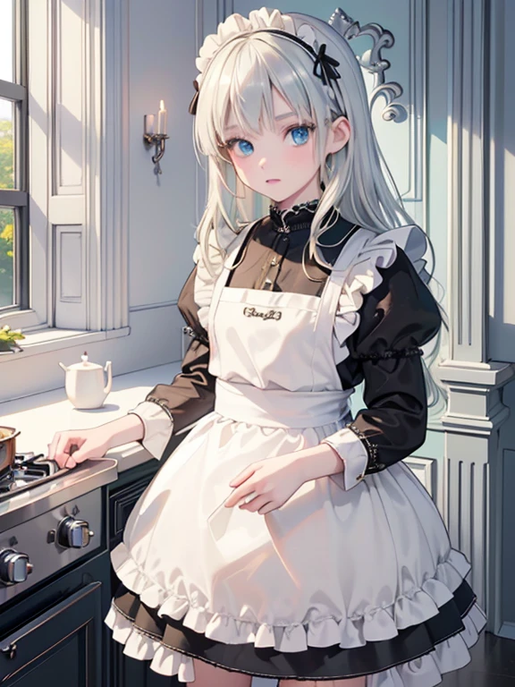(8k, highest quality, Tabletop:1.2)、(2 women, (10 years old, Detailed face, blue eyes, Blonde, Black maid outfit), (14 years old, Detailed face, Green Eyes, Silver Hair, Black maid outfit)), Classical Western-style building, kitchen, Cooking