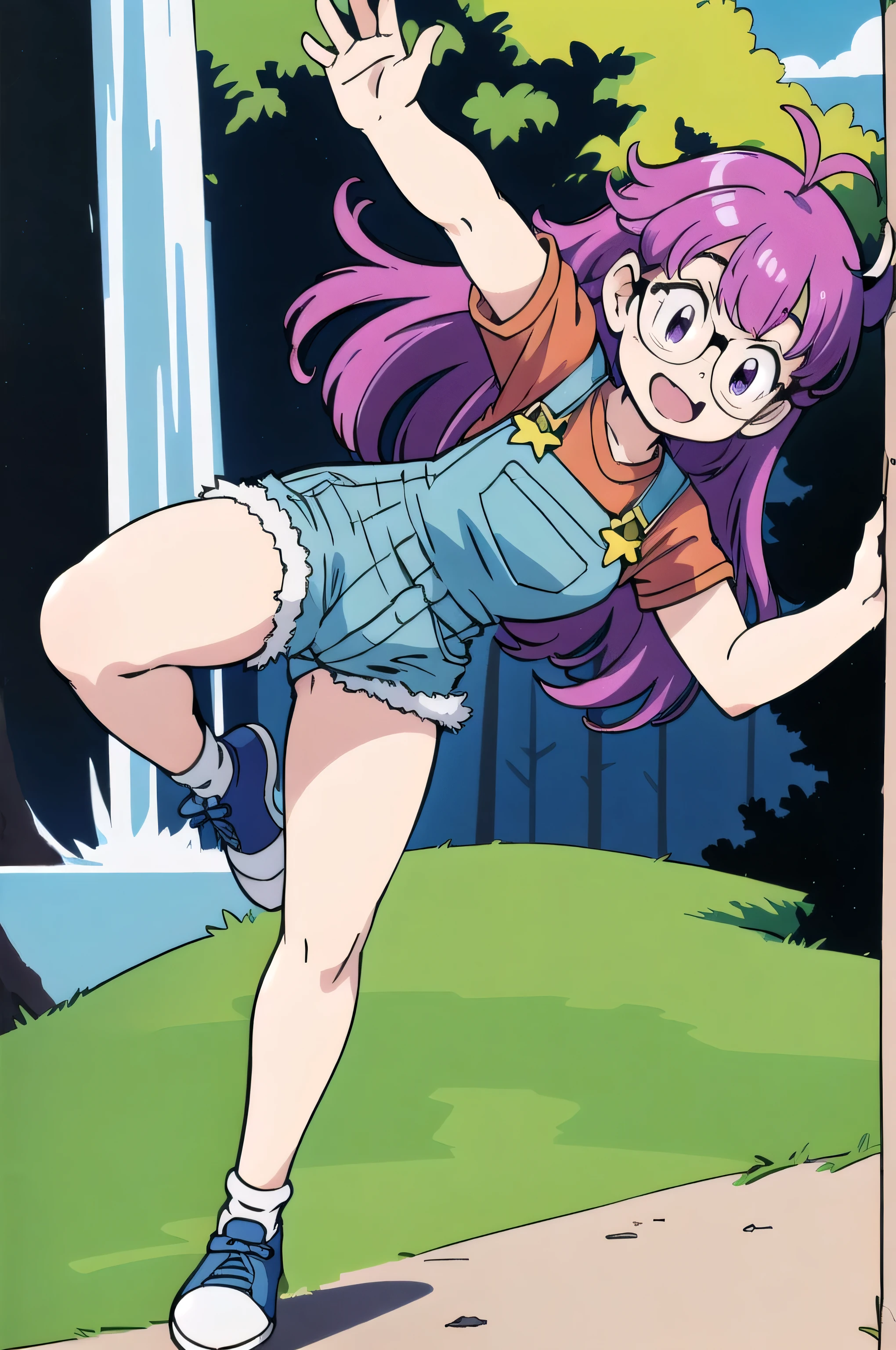 (masterpiece, highest quality, Anime image quality, High resolution, Anime Style, Clean brush strokes, Very detailed, Perfect Anatomy),One girl, alone, Arale, Glasses, Blue Order, Long Hair,Purple Hair, Short sleeve, Wing Cap, Red Shirt, (Overalls Jeans、blue), Low Body、Chunky、(Have a tree branch、Poop sting)、 smile,Cheerful pose, refer to４Bookの中に親refer to１Book, (Gravel road、Village Background)、