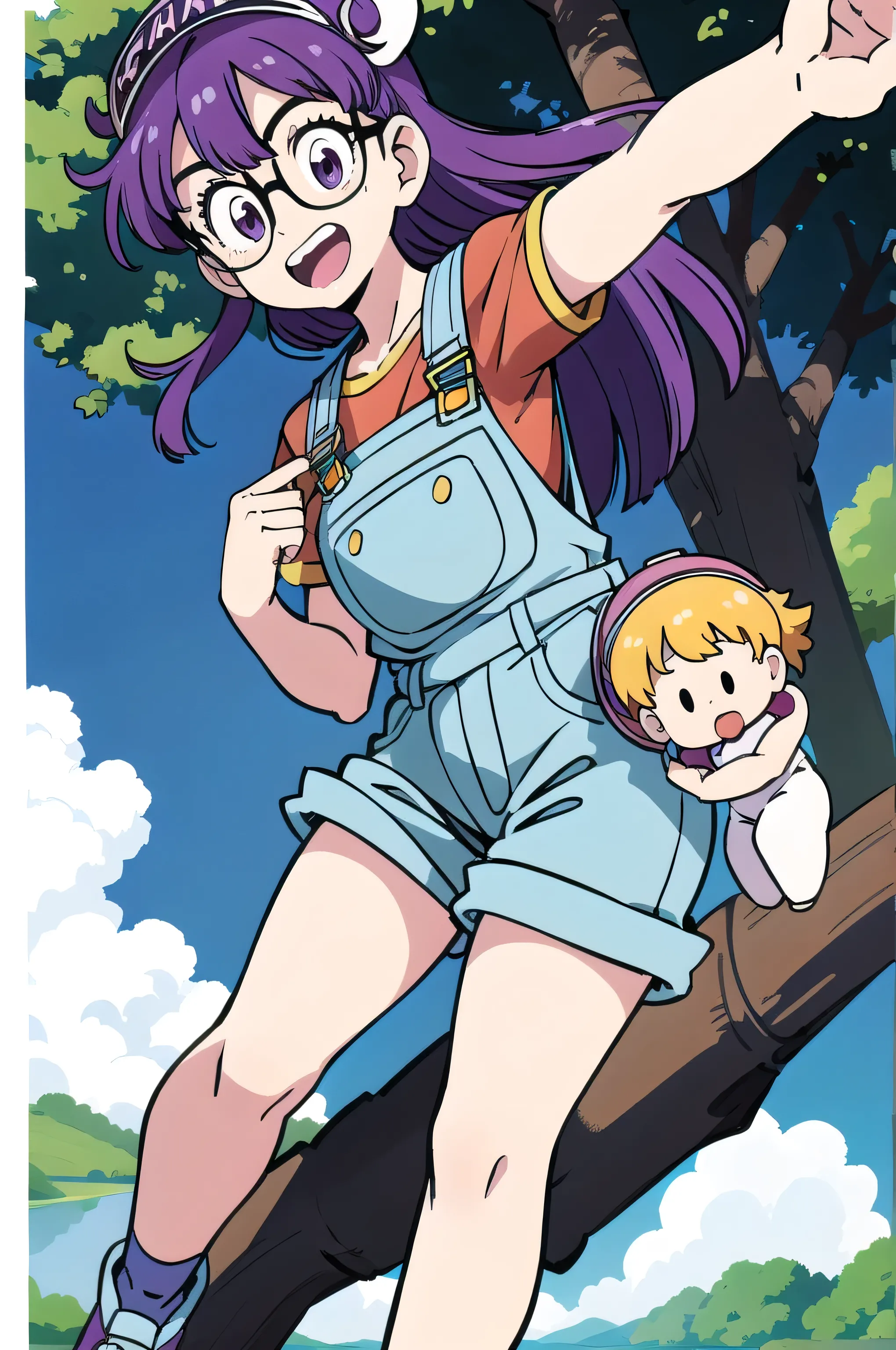 (masterpiece, highest quality, Anime image quality, High resolution, Anime Style, Clean brush strokes, Very detailed, Perfect Anatomy),One girl, alone, Arale, Glasses, Blue Order, Long Hair,Purple Hair, Short sleeve, Wing Cap, Red Shirt, (Overalls Jeans、blue), Low Body、Chunky、(Have a tree branch、Poop sting)、 smile,Cheerful pose, refer to４Bookの中に親refer to１Book, (Gravel road、Village Background)、