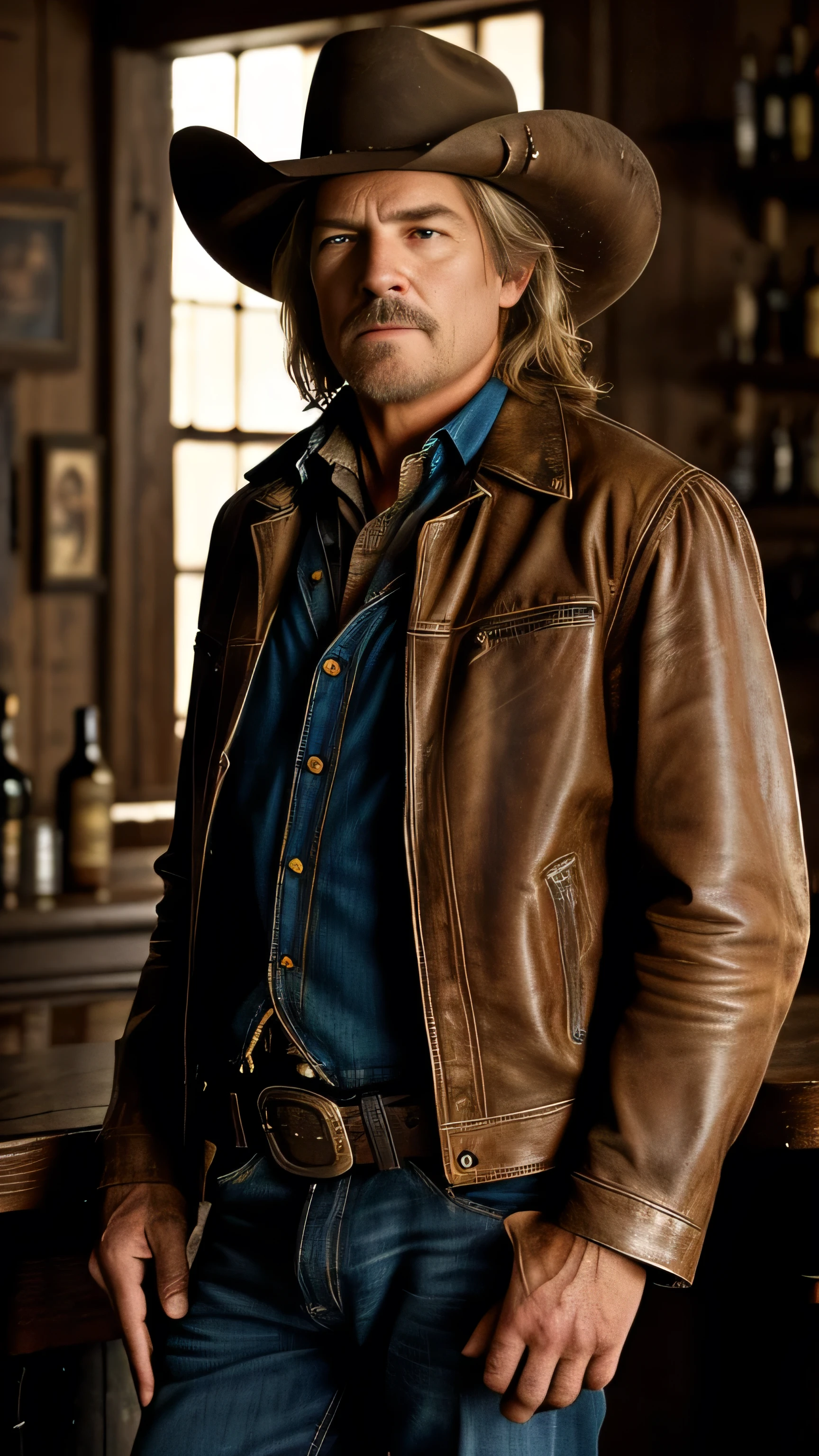 A high-definition scene from a movie, reminiscent of an Old West setting, portrays the legendary outlaw Billy the Kid standing boldly in a dimly lit bar. With a smirk on his face, he casually holds a gun in each hand, aimed directly at the camera, exuding an aura of both menace and charisma. The image, captured in the highest quality, showcases intricate details on his weathered leather jacket, the dusty saloon ambiance, and the cold, steel gleam of his handguns. This remarkable image, full of cinematic drama, is a testament to the masterful artistry of modern filmmaking.