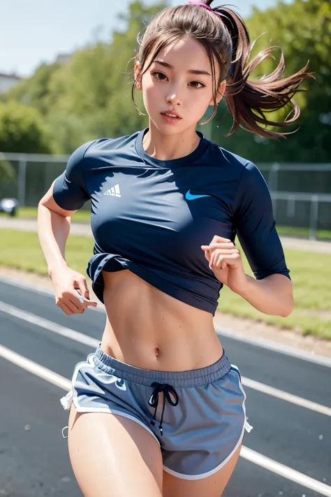 1 girl, solo, running, Gray Track Top, pink shorts, ponytail, athletic build, dynamic brushstrokes, fluid movement, capturing th...