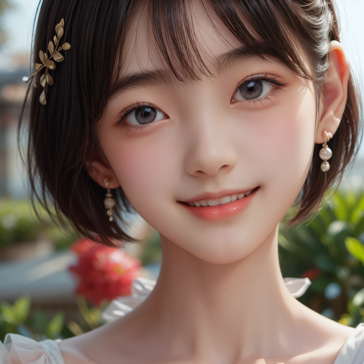 ((sfw: 1.4)), ((sfw, arms behind back, earrings, hairpin, choker, extra short hair, sidelocks-hair, smile, 1 girl)), ultra high resolution, (real: 1.4), RAW photo, highest quality, (photorealistic), focus ,Soft light,((15 years old)),((Japanese)),(((Young face))),(Surface),(Depth of field),Masterpiece,(Photoreal),Woman,Bangs,( (1 girl)