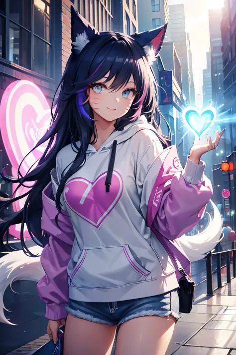 Ahri wearing a casual light grey hoodie,short jeans, beautiful detailed eyes, smiling face, longeyelashes, her tails forming a h...