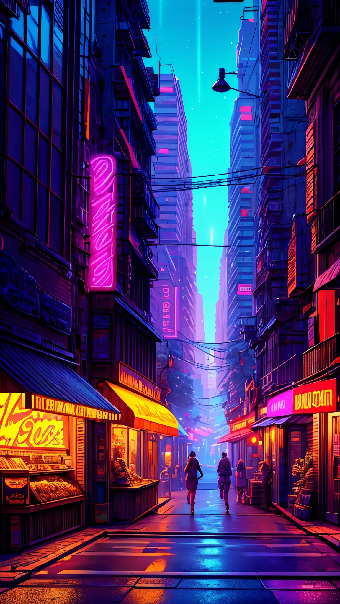 hiper-realista, textura realista, dramatic lighting, (melhor qualidade:1.1), Step back into the vibrant 1980s and immerse yourself in an urban landscape alive with retro charm. Neon lights in vivid hues of pink, blue, and green illuminate the bustling city streets, casting a colorful glow on the slick pavement below. Classic car, with their chrome accents gleaming under the streetlights, cruise along the avenues lined with brick buildings adorned with vintage billboards and graffiti art. The air is filled with the sounds of lively chatter, distant music from boomboxes, and the hum of activity from corner diners and arcades. Street vendors peddle their wares, and the smell of street food mingles with the cool night air. Above, skyscrapers reach towards the sky, their windows reflecting the kaleidoscope of lights below. It's a scene that captures the essence of the 80s, where every corner of the city pulses with life, energy, and a sense of endless possibility."