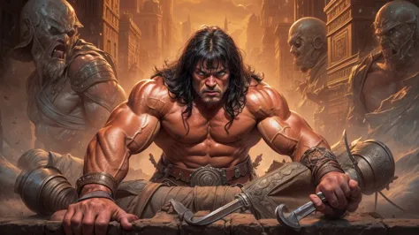 Extremely muscular man, chiseled features, washboard stomach, dark hair, detailed eyes, fierce expression, conan the barbarian, ...