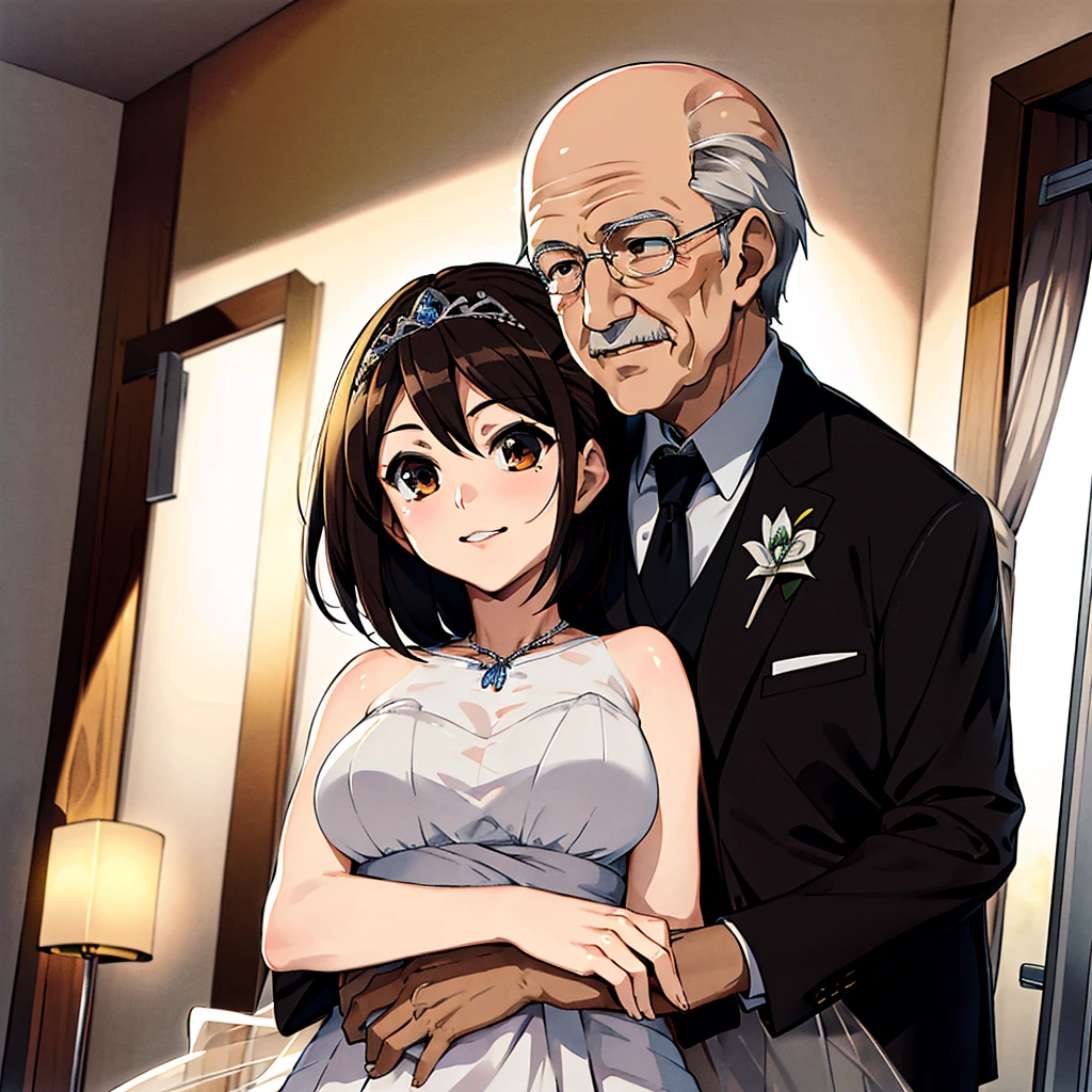 ((highest quality)), ((masterpiece)), (detailed), （Perfect Face）、The woman is Haruhi Suzumiya, with short brown hair and the wife of a 70-year-old man.、（The woman is wearing a gorgeous, flashy pure white wedding dress and wedding veil, a gorgeous engagement ring and gorgeous jewelry, and is holding her arm around a 70-year-old man wearing a white tuxedo as they hold their wedding ceremony.）、（The woman snuggles up closely to the 70-year-old man）、The man is 70 years old and is standing close to the woman at a wedding.