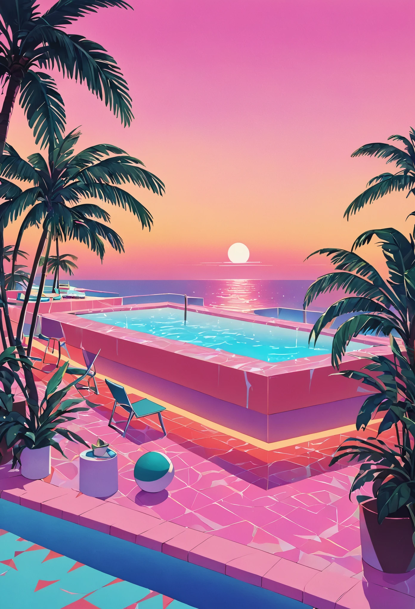 Imagina una obra de arte profundamente inmersa en la estética vaporwave de los años 80., inspirado en el estilo vibrante de Yoko Honda. Imagine una escena retrofuturista de piscina y playa al atardecer, donde el cielo resplandece con los tonos cálidos de una puesta de sol de verano de los 80: naranjas intensos, rosas, y rojos reflejándose en las tranquilas aguas del mar y la piscina. alrededor de la piscina, palmeras y cocoteros iluminados con luces de neón se balancean suavemente, realzando la atmósfera tropical y surrealista. Las luces de neón con patrones geométricos iluminan la escena., arrojando un brillo de ensueño sobre todo. El fondo presenta un elegante bar junto a la playa con interiores visibles a través de grandes ventanales de vidrio., mostrando una habitación con paredes y pisos de colores pastel cubiertos con lujosas texturas de terrazo y mármol. El ambiente general combina el lujo nostálgico con la vibrante, paletas de colores cálidos, creando una escena que es a la vez atemporal y claramente evocadora de los años 80.