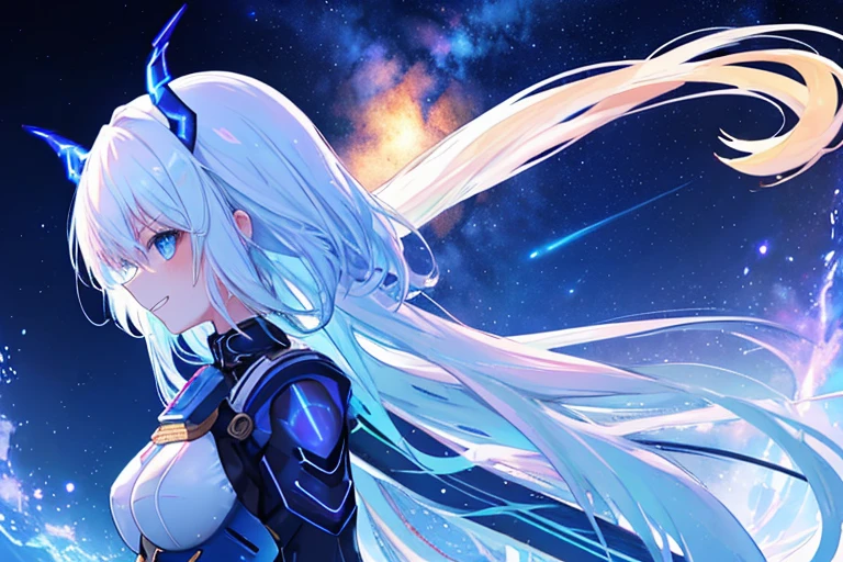 night,Sky Blue Eyes,Combat Uniform,front,Upper Body,Big Eyes,milky way,Long Hair,Gradient Color,Town,neon,milky way,Brilliance(masterpiece, highest quality, figure, Very high quality, high resolution, extremely delicate writing), (Platinum Blonde Hair:1), woman,horn,ドラゴンのhorn,adult,Backlight,Strong light,Grin,Dragon&#39;s Eye,Mechanical wings,highlight,青のhighlight,neonhighlight,Backlight,starry skies