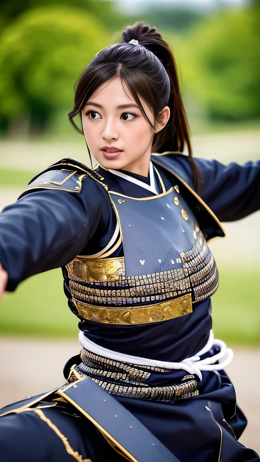 Timeless charm, elegance, photo movie-like ultra-ultra high definition, super real, 8K, ticker, ultra high resolution, masterpiece, (Photo Real Stick: 1.2), sharp focus,
1girl, cowboy shot, female warlord from the Sengoku period, accurate anatomy, pose during battle, severe expression, (highly detailed skin and facial texture: 1.2), (Samurai Armor: 1.3), (sharp Japanese sword) Female samurai with: 1.3), (Battle: 1.2), Beautiful and aesthetic, Cute and sexy beauty, (Perfect style: 1.2), Fair skin, Very beautiful face, Black eyes, Long black hair in a ponytail, messy hair , beautiful face, exquisite face, perfect proportions, drop-shaped breasts, plump breasts, thighs, (wearing sexy Sengoku uniform: 1.1), (off-shoulder), (beautiful brown eyes, ), (dynamic pose , change pose, dynamic angle, ),