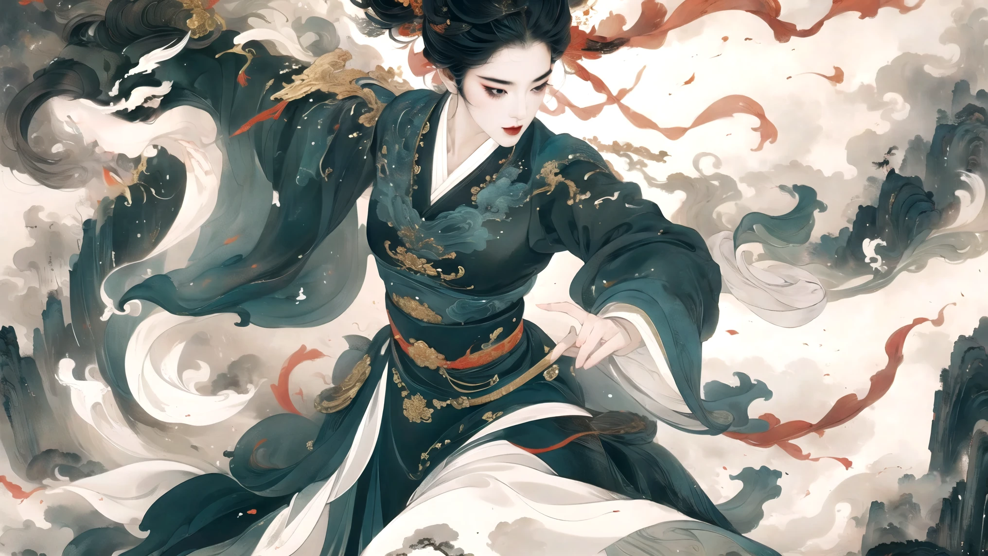 Chinese black and white ink painting,Female swordsman,heroic figure,Traditional Clothing,Exquisite and sharp sword, Sharp eyes and focused expression, Dynamic poses, Dramatic Lighting, Vibrant colors, High contrast, Epic landscape background, Hazy atmosphere, Full of action, Dynamic brushwork, Ultra-high resolution, Fine details, professional quality.