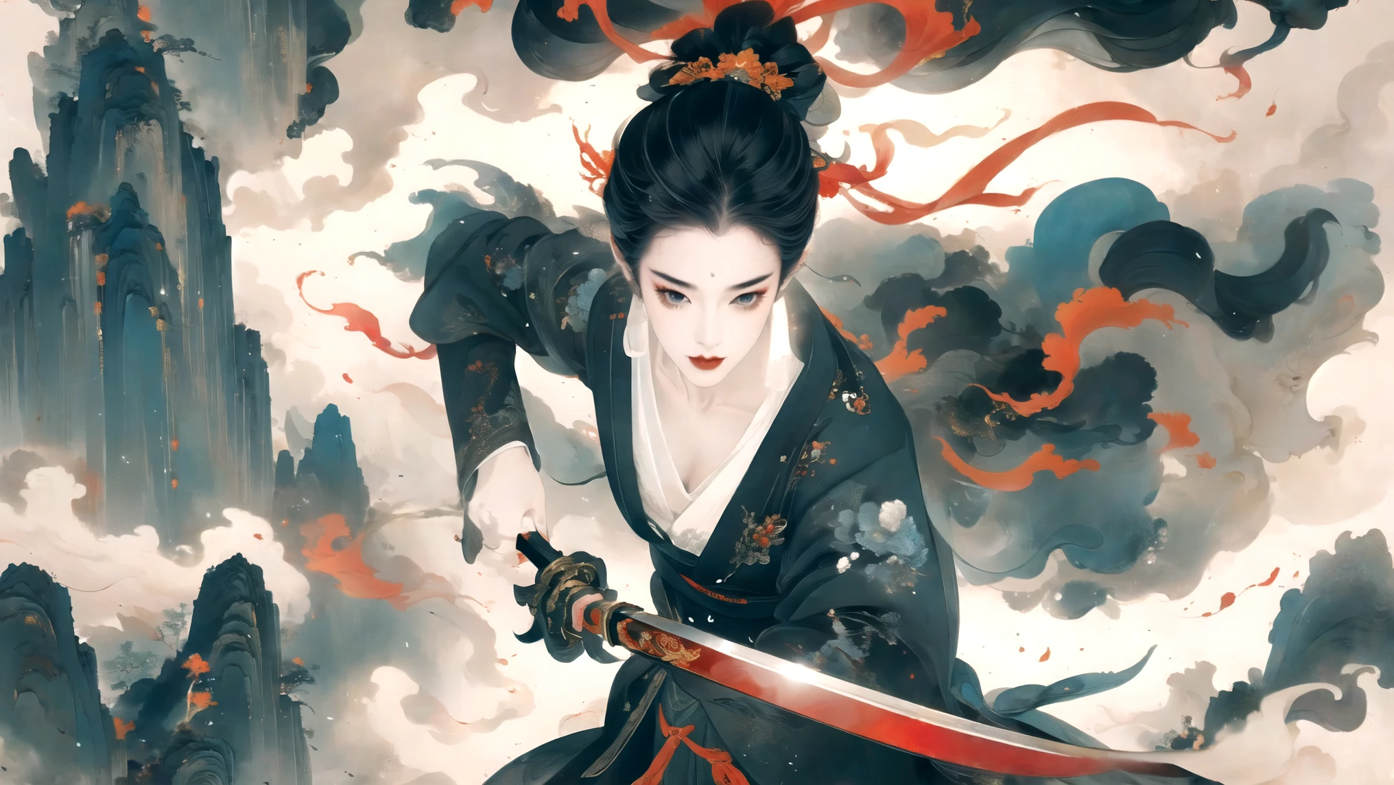 Chinese black and white ink painting,Female swordsman,heroic figure,Traditional Clothing,Exquisite and sharp sword, Sharp eyes and focused expression, Dynamic poses, Dramatic Lighting, Vibrant colors, High contrast, Epic landscape background, Hazy atmosphere, Full of action, Dynamic brushwork, Ultra-high resolution, Fine details, professional quality.