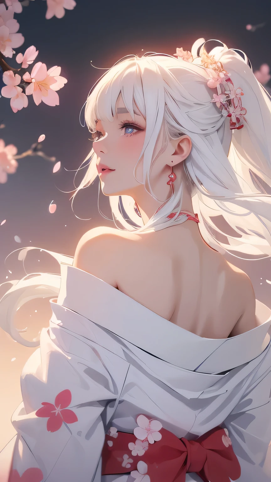 ((Styled white hair:1.5))(Japan kimono with cherry blossom pattern:1.3), Symmetric, (highest quality, Realistic:1.4, RAW Photos:1.2, Cinematic Light, Highly detailed illustration), (1woman:1.3, alone), (Asian Girl, Very delicate face, Super beautiful face, Very delicate eyes, Highly detailed nose, Very sophisticated mouth, Highly detailed facial features), woman, (Medium Bust:1.3), skin, Lip gloss, Laughter, Full Body View, High resolution, High resolution, 8k, Masterpiece 2:1, Skin radiance, Shining skin, Young girl,（ Kyoto、Scattering cherry blossoms）、(Off the shoulder, Scapula、kimono、Exposing shoulders、Beautiful cleavage)
