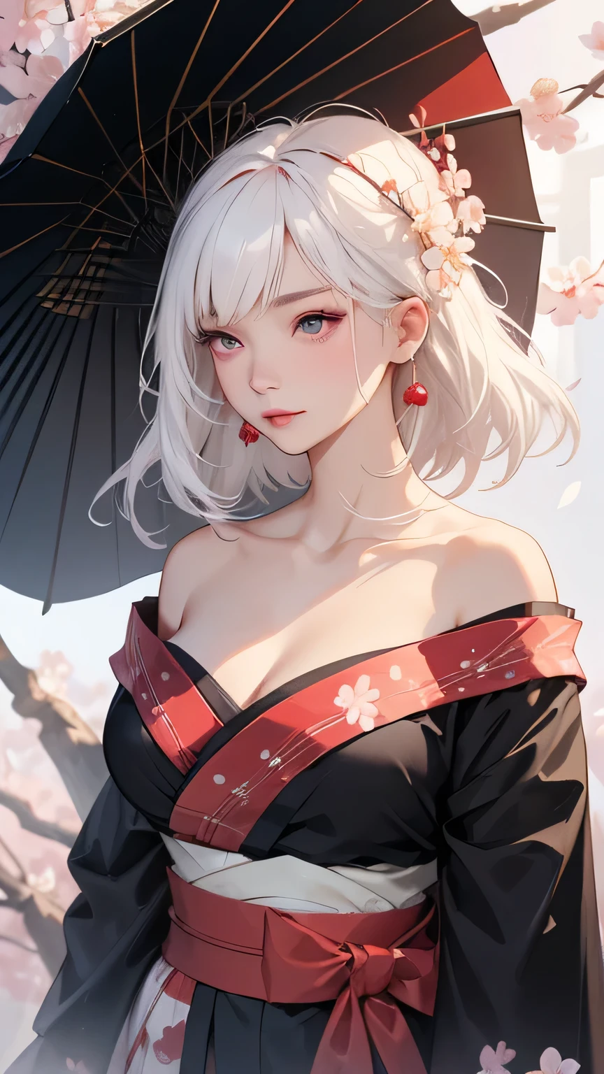 ((Styled white hair:1.5))(Japan kimono with cherry blossom pattern:1.3), Symmetric, (highest quality, Realistic:1.4, RAW Photos:1.2, Cinematic Light, Highly detailed illustration), (1woman:1.3, alone), (Asian Girl, Very delicate face, Super beautiful face, Very delicate eyes, Highly detailed nose, Very sophisticated mouth, Highly detailed facial features), woman, (Medium Bust:1.3), skin, Lip gloss, Laughter, Full Body View, High resolution, High resolution, 8k, Masterpiece 2:1, Skin radiance, Shining skin, Young girl,（ Kyoto、Scattering cherry blossoms）、(Off the shoulder, Scapula、Black kimono、Exposing shoulders、Beautiful cleavage)(White Hair、Black kimono、Black sleeves、Black hem、Red belt)
