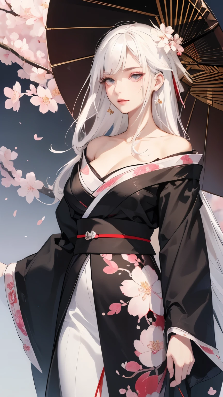 ((Styled white hair:1.5))(Japan kimono with cherry blossom pattern:1.3), Symmetric, (highest quality, Realistic:1.4, RAW Photos:1.2, Cinematic Light, Highly detailed illustration), (1woman:1.3, alone), (Asian Girl, Very delicate face, Super beautiful face, Very delicate eyes, Highly detailed nose, Very sophisticated mouth, Highly detailed facial features), woman, (Medium Bust:1.3), skin, Lip gloss, Laughter, Full Body View, High resolution, High resolution, 8k, Masterpiece 2:1, skinの輝き, 輝くskin, Young girl,（ Kyoto、Scattering cherry blossoms）、(Off the shoulder, Scapula、Black kimono、Exposing shoulders、Beautiful cleavage)(White Hair、Black kimono、Black sleeves、Black hem、Red belt)
