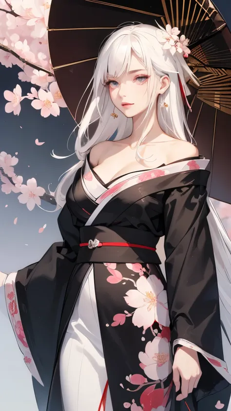 ((Styled white hair:1.5))(Japan kimono with cherry blossom pattern:1.3), Symmetric, (highest quality, Realistic:1.4, RAW Photos:...