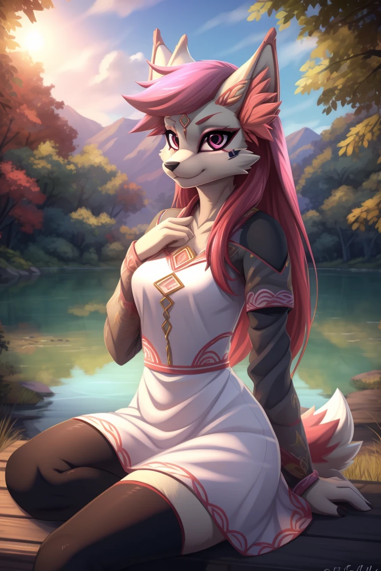 By zinfyuu on pixiv,by twistedscarlet60, uploaded on pixiv, by fluff-kevlar, (masterpiece), (best quality), (anthro furry:1.3, snout:1.2, anthro:1.3, furry:1.2, solo female:1.2), (extremely detailed:1.3), (pink_detailed_eye), wearing white dress, sfw, forest, sitting, lake, nature beauty, view on viewer, kimiko