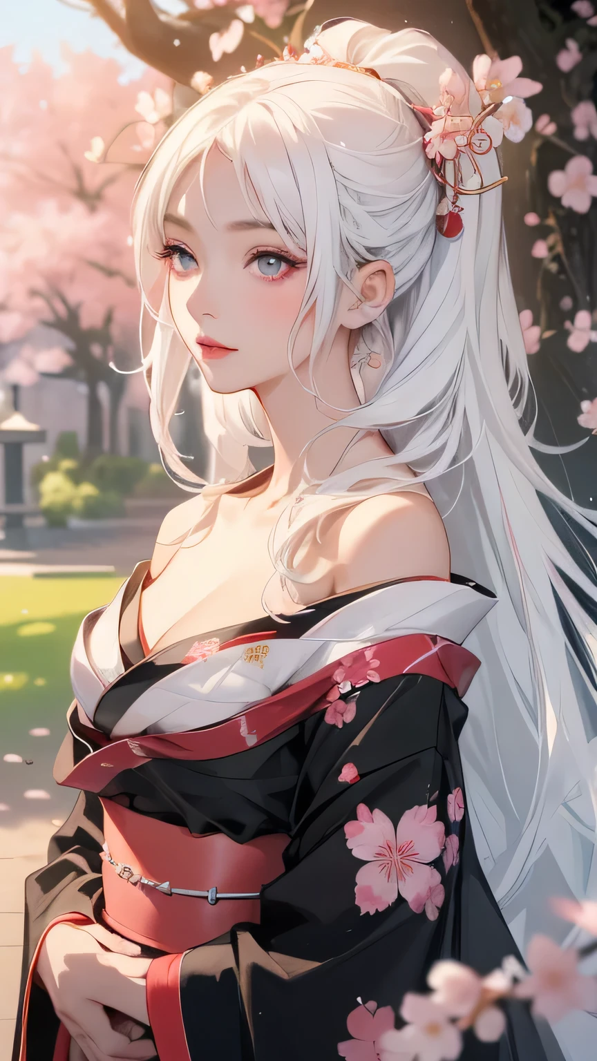 ((Styled white hair:1.5))(Japan kimono with cherry blossom pattern:1.3), Symmetric, (highest quality, Realistic:1.4, RAW Photos:1.2, Cinematic Light, Highly detailed illustration), (1woman:1.3, alone), (Asian Girl, Very delicate face, Super beautiful face, Very delicate eyes, Highly detailed nose, Very sophisticated mouth, Highly detailed facial features), woman, (Medium Bust:1.3), skin, Lip gloss, Laughter, Full Body View, High resolution, High resolution, 8k, Masterpiece 2:1, Skin radiance, Shining skin, Young girl,（ Kyoto、Scattering cherry blossoms）、(Off the shoulder, Scapula、Black kimono、Exposing shoulders、Beautiful cleavage)(White Hair、Black kimono、Black sleeves、Black hem、Red belt)(Leaning against a tree)
