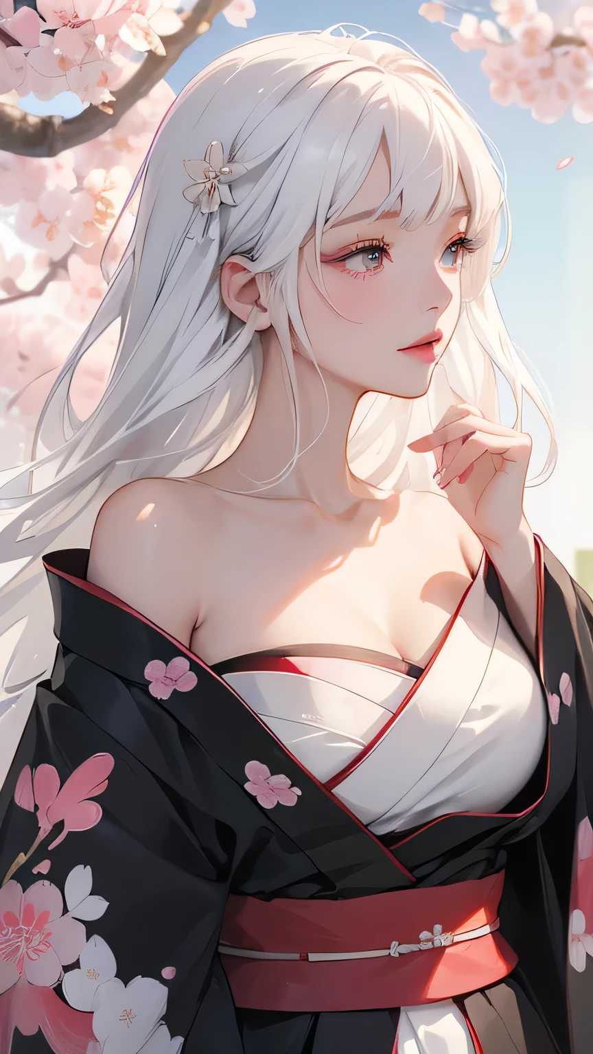 ((Styled white hair:1.5))(Japan kimono with cherry blossom pattern:1.3), Symmetric, (highest quality, Realistic:1.4, RAW Photos:1.2, Cinematic Light, Highly detailed illustration), (1woman:1.3, alone), (Asian Girl, Very delicate face, Super beautiful face, Very delicate eyes, Highly detailed nose, Very sophisticated mouth, Highly detailed facial features), woman, (Medium Bust:1.3), skin, Lip gloss, Laughter, Full Body View, High resolution, High resolution, 8k, Masterpiece 2:1, Skin radiance, Shining skin, Young girl,（ Kyoto、Scattering cherry blossoms）、(Off the shoulder, Scapula、Black kimono、Exposing shoulders、Beautiful cleavage)(White Hair、Black kimono、Black sleeves、Black hem、Red belt)(Leaning against a tree):1.5
